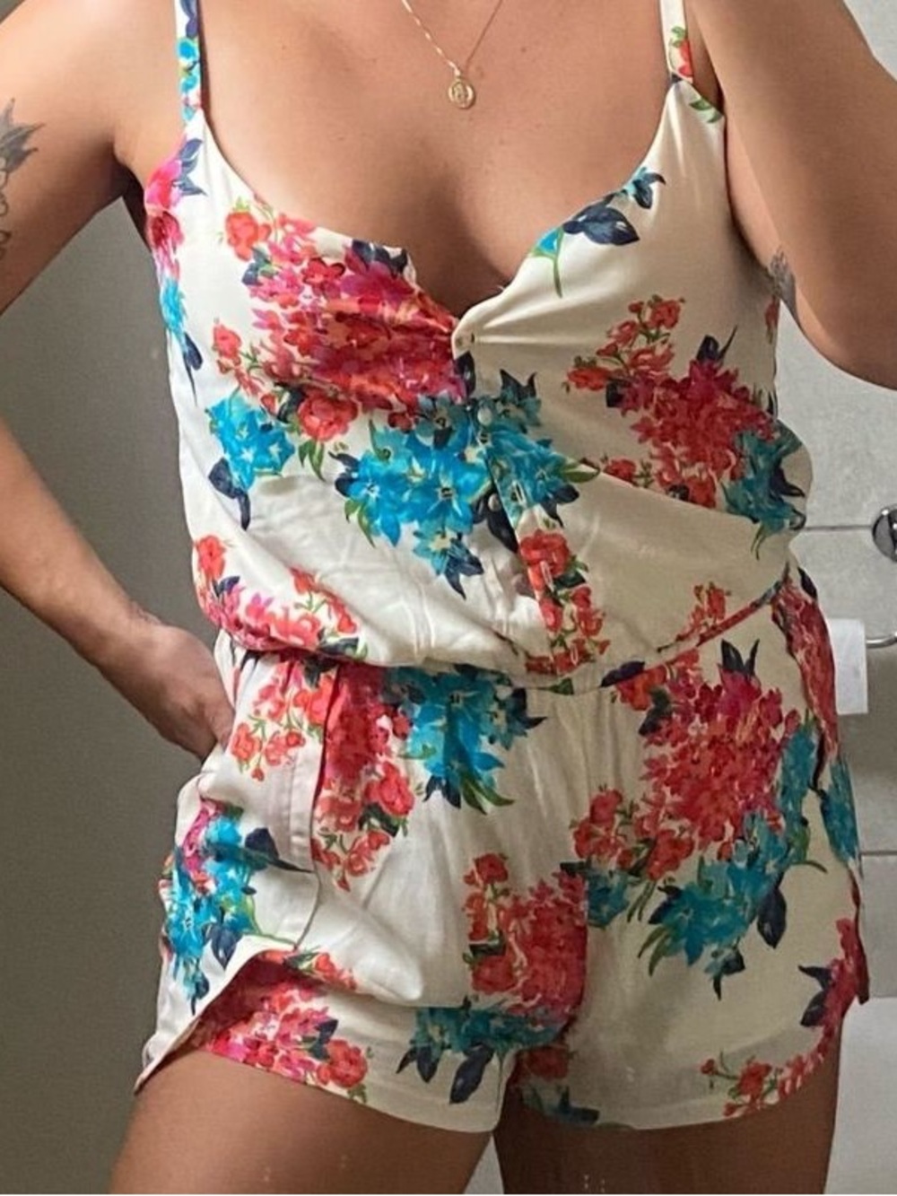 Lucca Couture from UO Romper White Pink Green Floral Button Front Keyhole Back